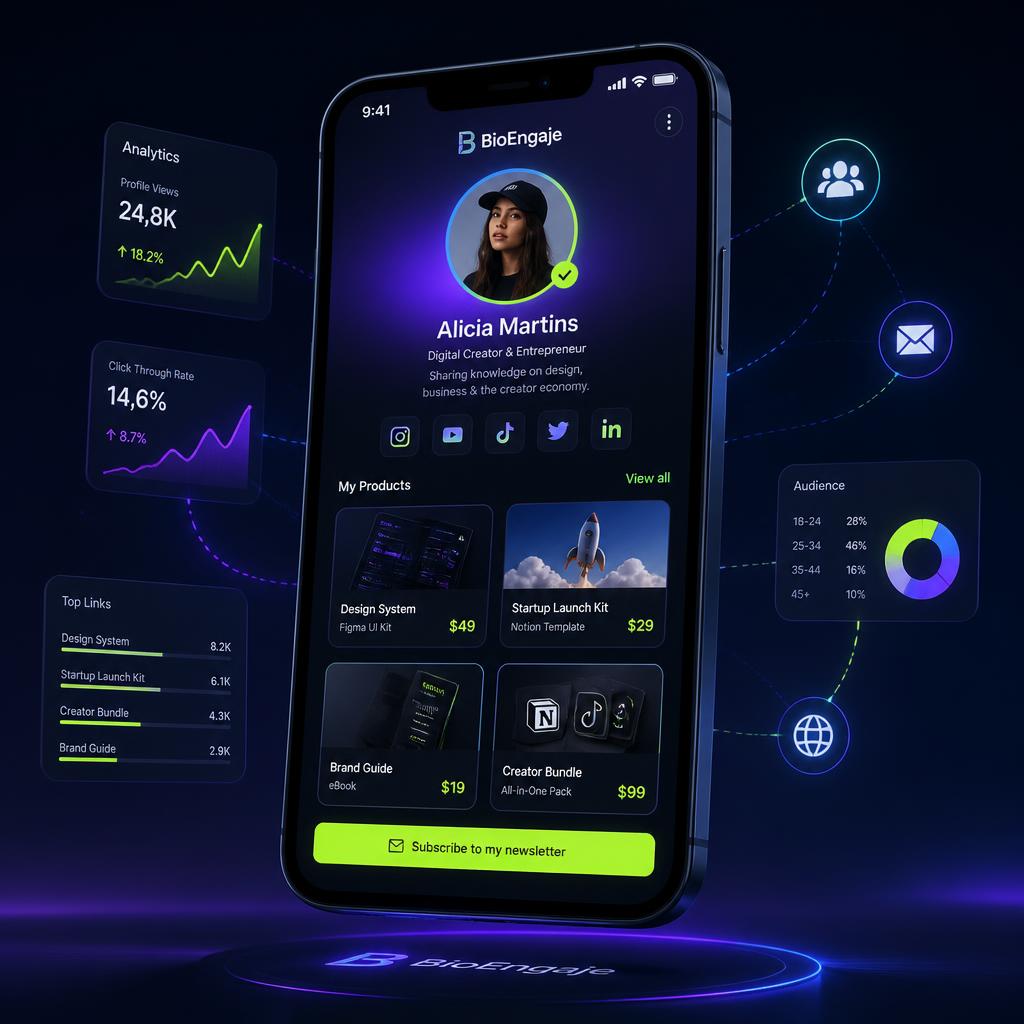 Página BioEngaje exibida em um smartphone com vitrine de produtos e analytics